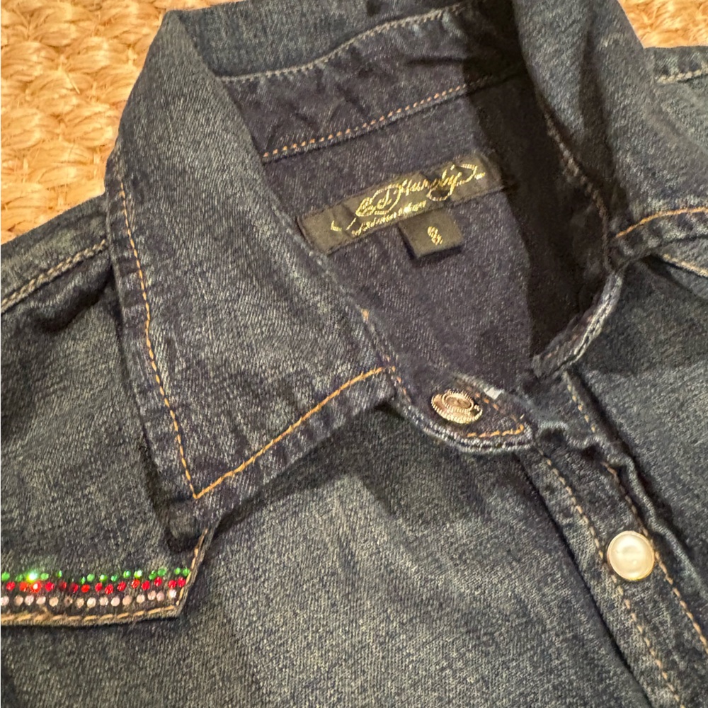 VTG Ed Hardy INSANE y2k butterfly embroidered pearl snap denim shirt size m - Picture 11 of 15